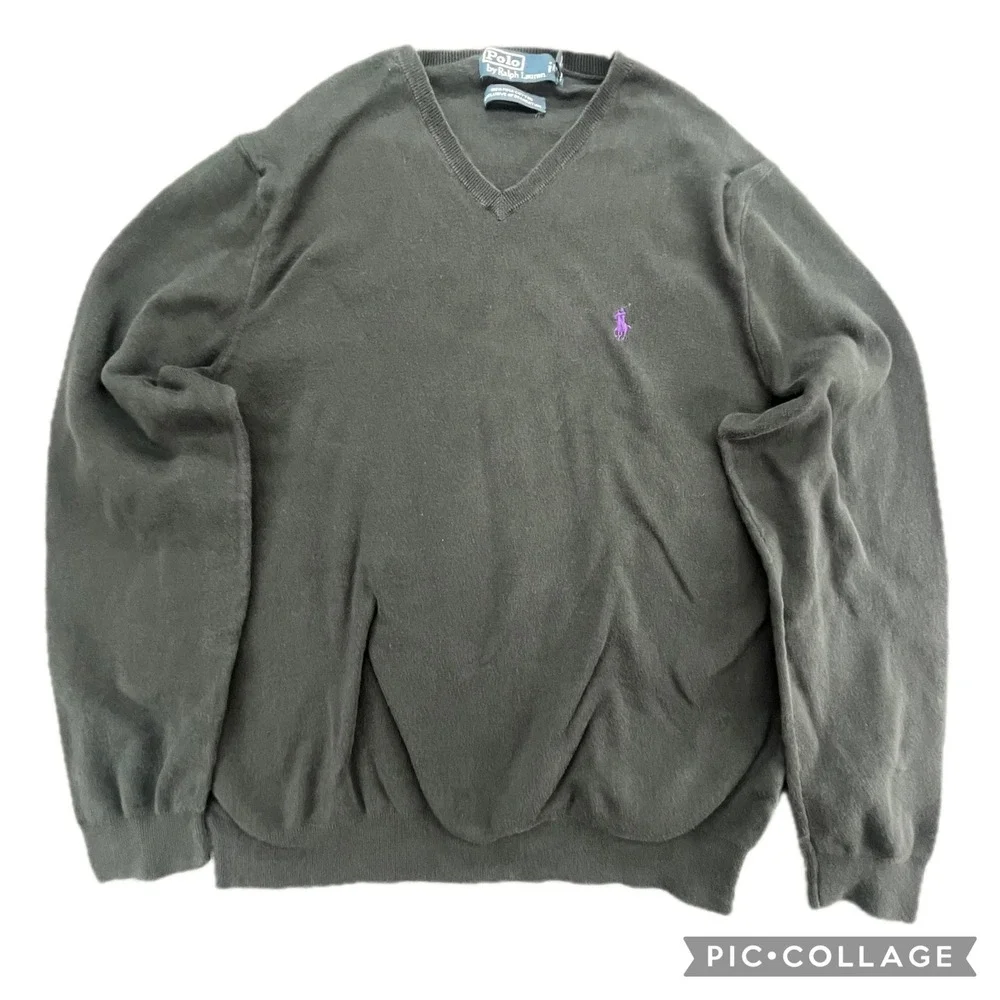 Polo Ralph Lauren Men's V-Neck‎ Sweater Black Purple Pony Logo Pima Cotton XL